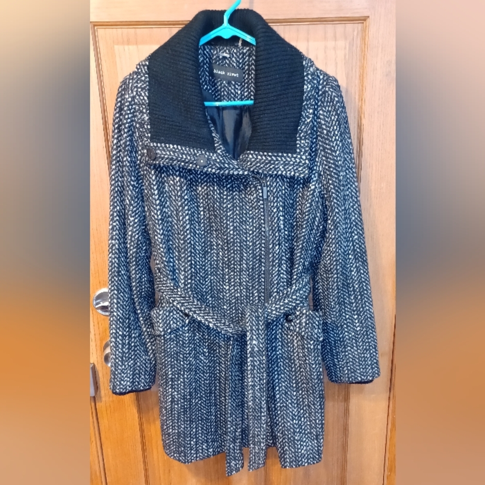 Black Rivet Women's Black & Gray Peacoat w/Zipper Enclosure & Waist Tie Size XL